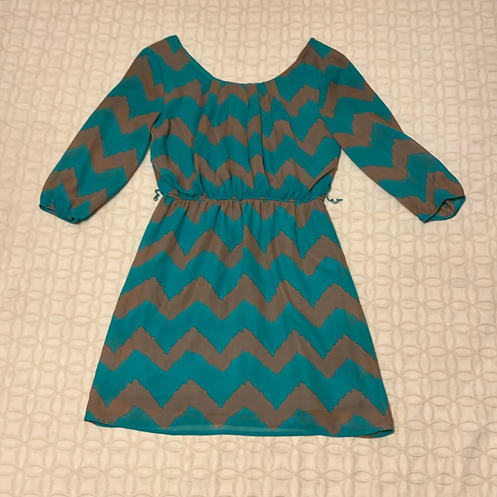 As U Wish teal and light brown chevron dress